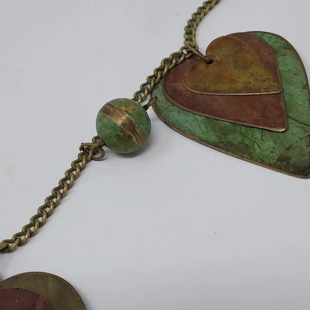 Vintage Artisan Copper Brass Verdigris Heart Ball Necklace Large Statement Piece